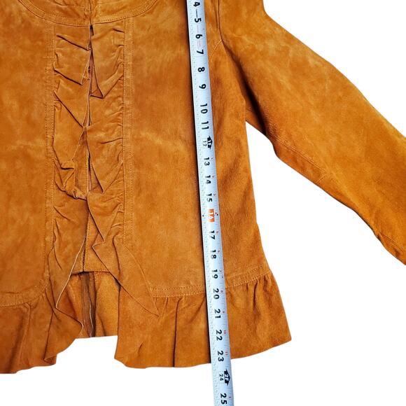 Vintage Suede Leather Jacket Orange Y2k Fairy Boho Ruffle Prosper & Devine - L - Picture 7 of 8